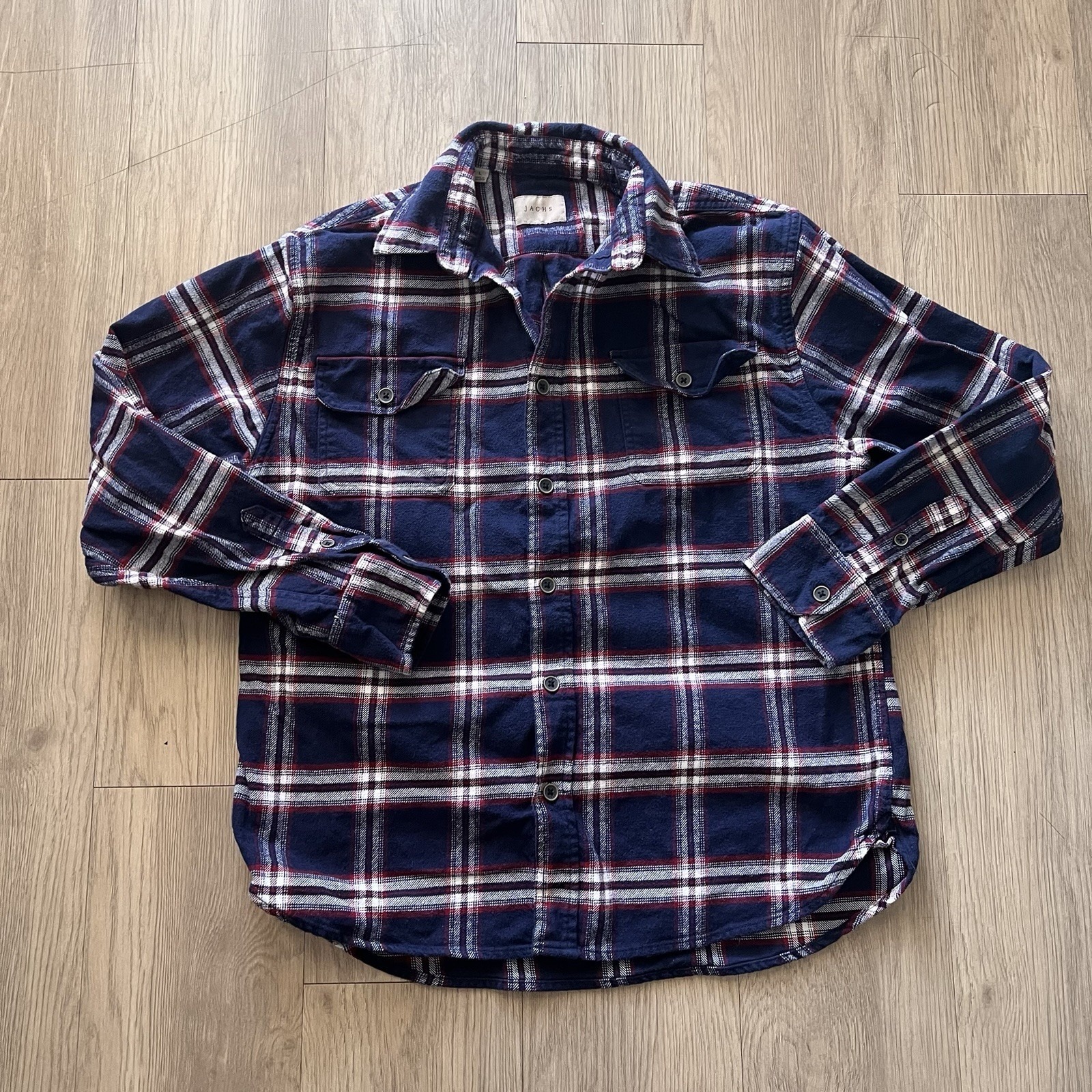 Jachs Mens Large Navy Plaid Red White Jacket Top Shirt Heavy 100% Cotton Flannel